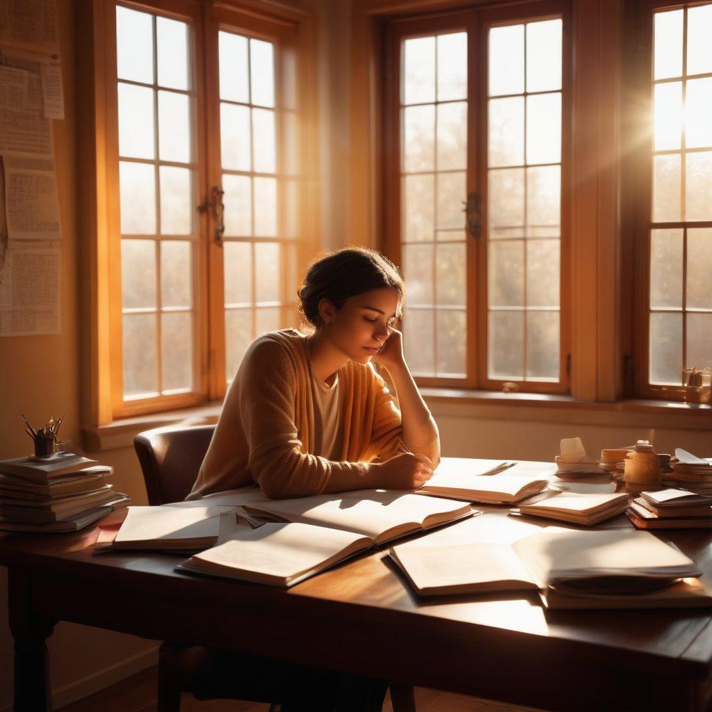 A thoughtful person sitting at a cozy desk, surrounded by journals and a laptop, reflecting deeply. Soft sunlight filters through a nearby window, casting gentle shadows, symbolizing the journey from opinion to insight. Illustrate diverse personal experiences floating around in thought bubbles, representing different ideas and perspectives. The atmosphere should feel warm and inviting, encouraging deep contemplation. super-realistic. warm colors. soft lighting.