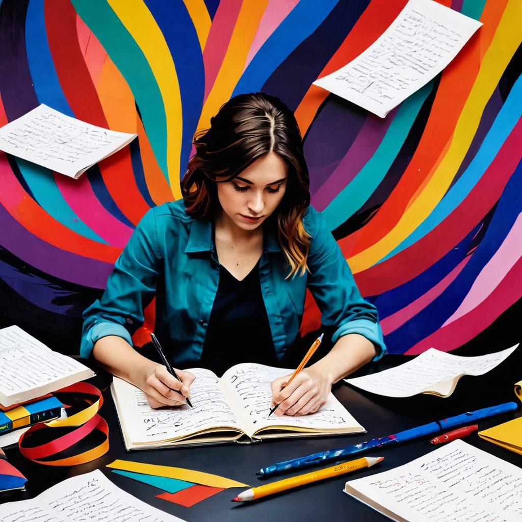 A captivating writer thoughtfully crafting an editorial, surrounded by swirling ink and vivid personal stories represented as flowing ribbons of colorful narratives. The scene conveys a sense of engagement and persuasion, with elements like quill pens and open notebooks illustrating the artistry of writing. The background features a subtle blend of abstract shapes symbolizing thoughts and emotions. vibrant colors. super-realistic.