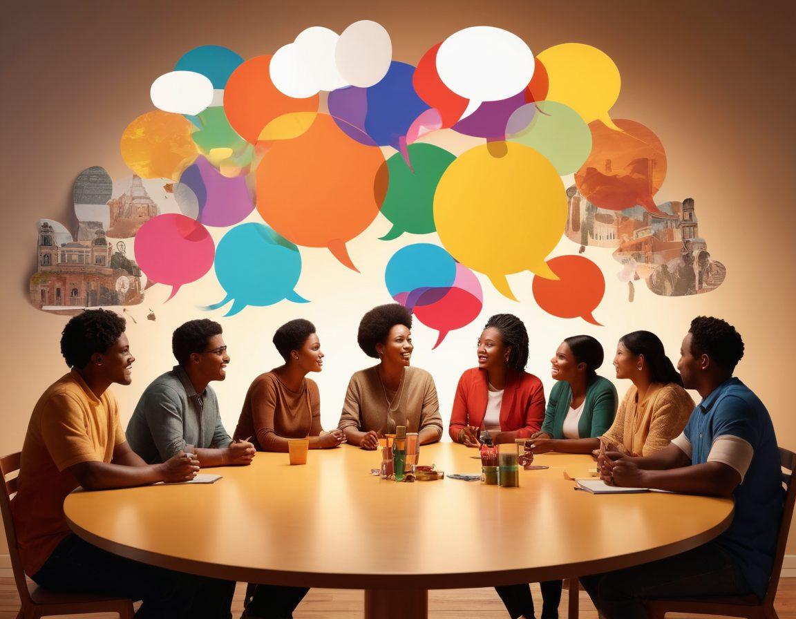 A diverse group of individuals sitting around a round table, passionately sharing their personal stories, with speech bubbles filled with colorful narratives floating above them. The background features a collage of various cultural landmarks and symbols, emphasizing global perspectives. The atmosphere is lively and engaging, with warm lighting that highlights the emotions portrayed on their faces. super-realistic. vibrant colors. 3D.